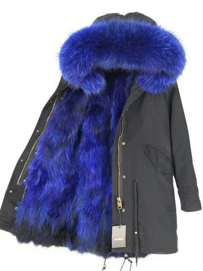 Real Fur Coat Winter Jacket Women Long Parka Waterproof Big Natural Raccoon Fur Collar Hood Thick Warm Real Fox Fur Liner coat