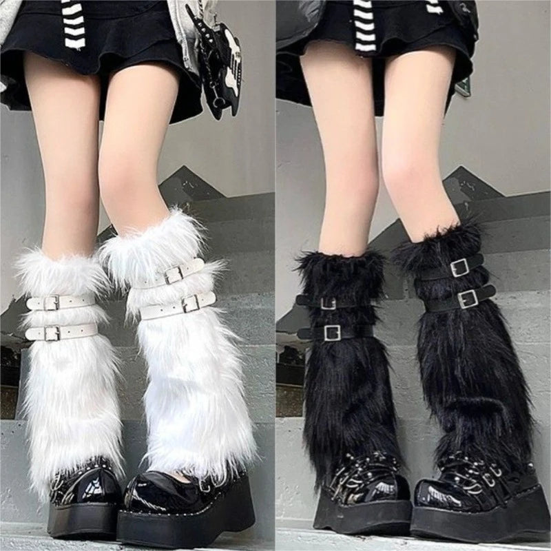 Furry Leg Warmers Women Sweet Lolita Leather-Buckle Plush Leg Covers Y2k Hottie Subculture JK Long Socks Punk Gothic Foot Covers