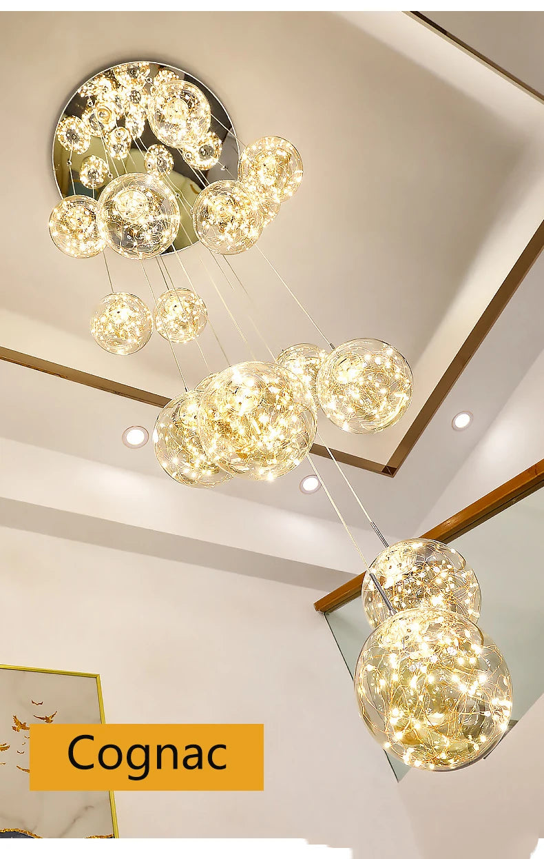 Modern LED Chandelier Glass Ball Dimmable Pendant Lamp for Staircase Living Room Home Decor Suspension Lighting Design Lusters