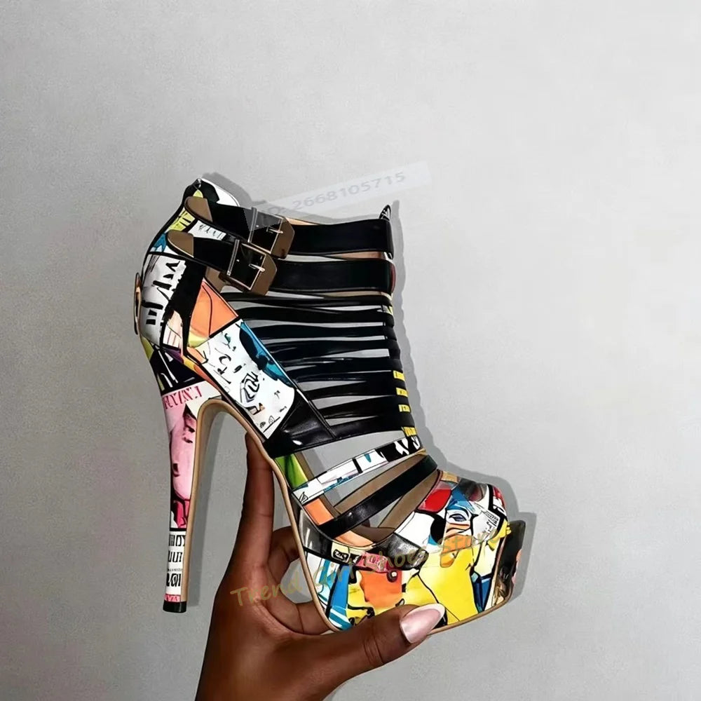 Sexy Mixed Colors Peep Toe Sandals Cross Tied Double Buckle Straps Thin High Heels Cover Heel Ankle New Style Sandals Designer