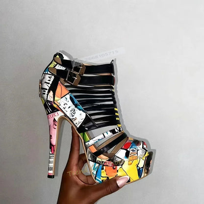 Sexy Mixed Colors Peep Toe Sandals Cross Tied Double Buckle Straps Thin High Heels Cover Heel Ankle New Style Sandals Designer