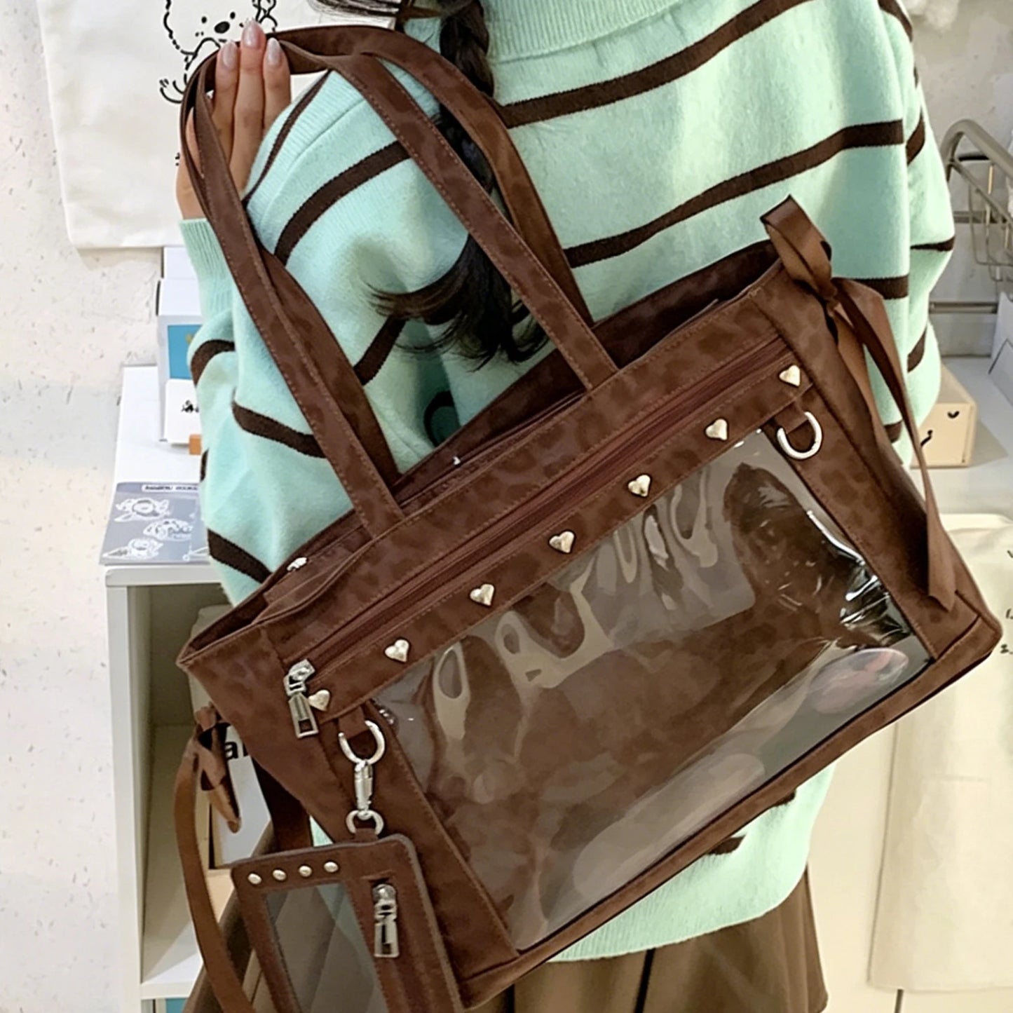 Women PU Leather Leopard Pattern Shoulder Bag with Ita Card Purse Pin Display Ribbon Ita Bags Daily Shopping Dating Shoulder Bag