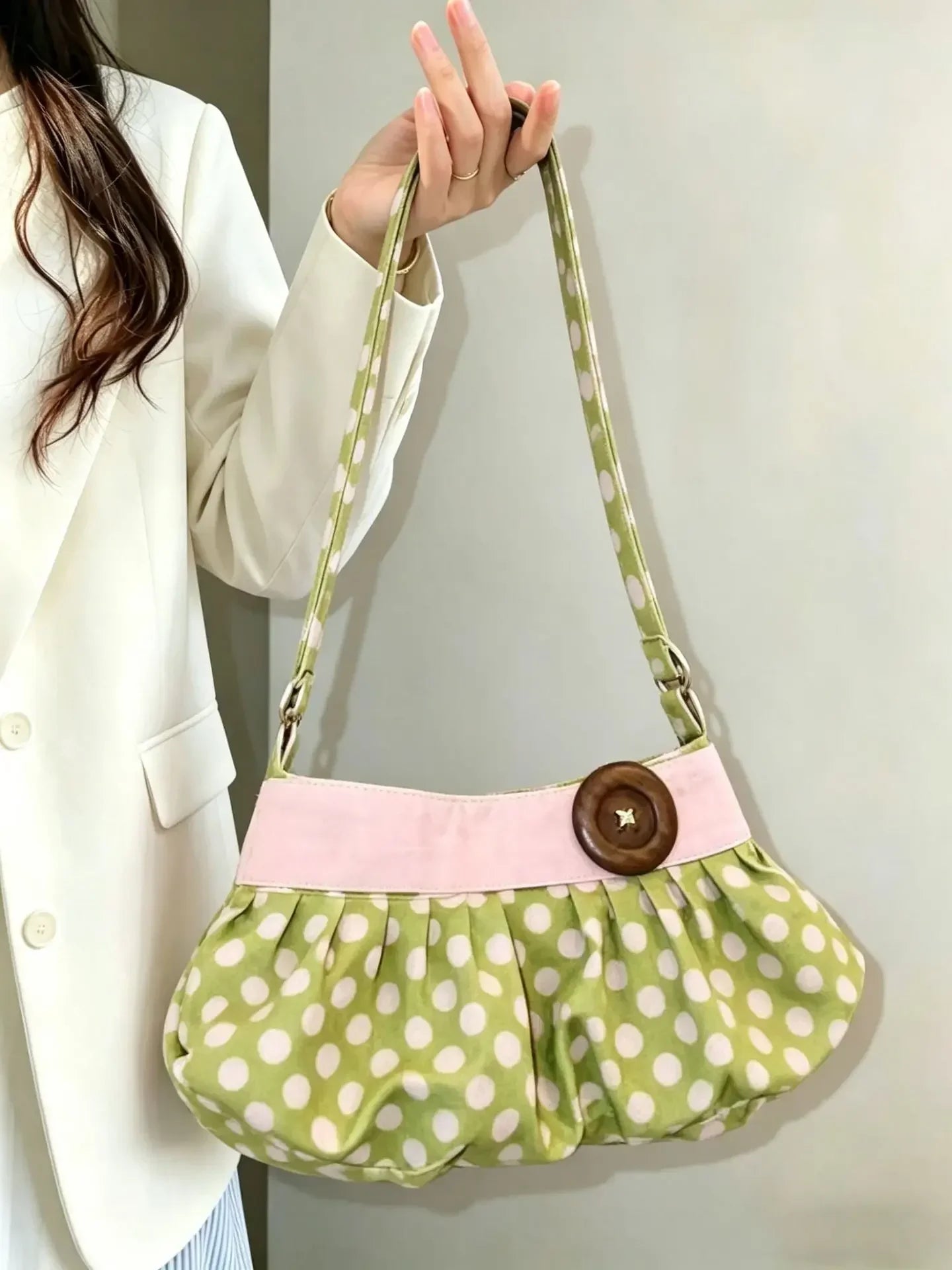 Pleated Design Dumpling Bag Retro Polka Dot Wooden Button Decor Handbag Soft Striped Shoulder Bags Pattern Casual Commuter Bag