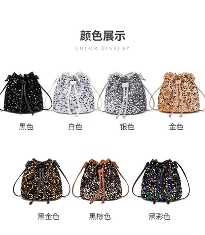 New Chic Multicolor Sequin Shing Shoulder Bag Fashion Versatile Handbag Drawstring Bucket Bag Large Capacity Wallet Purse Bags
