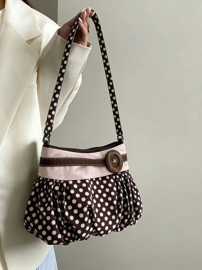 Pleated Design Dumpling Bag Retro Polka Dot Wooden Button Decor Handbag Soft Striped Shoulder Bags Pattern Casual Commuter Bag