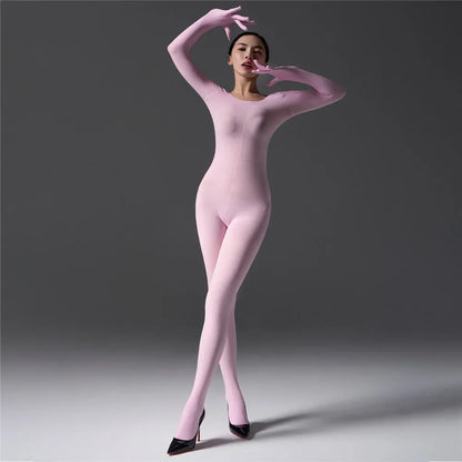 Sexy Women's Warm Full Body Bodysuit High Elastic Shaping Exotic Tights Sheer Cosplay Maid Leotard Long Sleeves Glove Jumpsuits