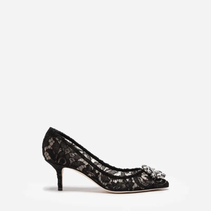 Mesh lace high-heeled shallow mouth shoes 2026 new pointed crystal buckle slim heel fashionable banquet women's single shoes