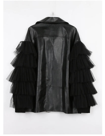 Nerazzurri Spring Autumn Loose Black Faux Leather Jacket Women with Lace Long Sleeves Zipper Belt Luxury Elegant Fashion 2022