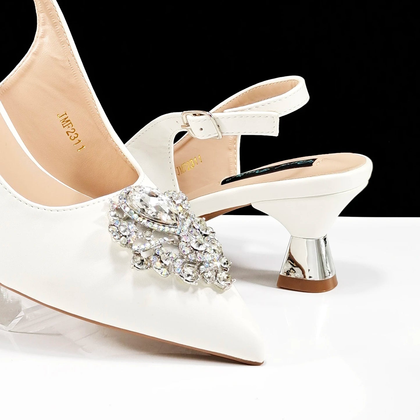 Hot Selling Elegant Noble Colorful Rhinestone Design White Color Party Wedding Pointed Toe High Heel Women Shoes and Bag Set