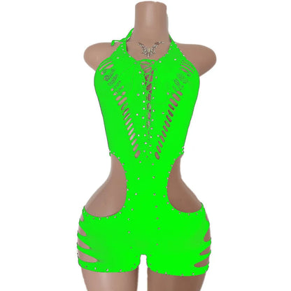 New Style One Piece Exotic Dancewear Sexy Lace-up Hollow-out Rhinestone Patchwork Bodycon Rompers Women Bodysuit Stripper Outfit