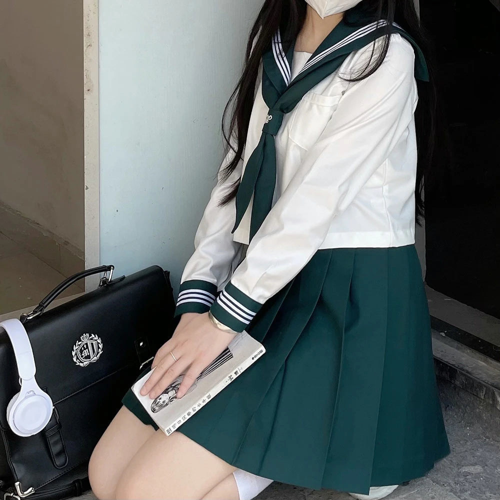 Japanese School Girl Uniform XS-XL JK Green Sailor Basic Cartoon Three Lines Sailor Uniform Sets Navy Costume Women Girl Costume