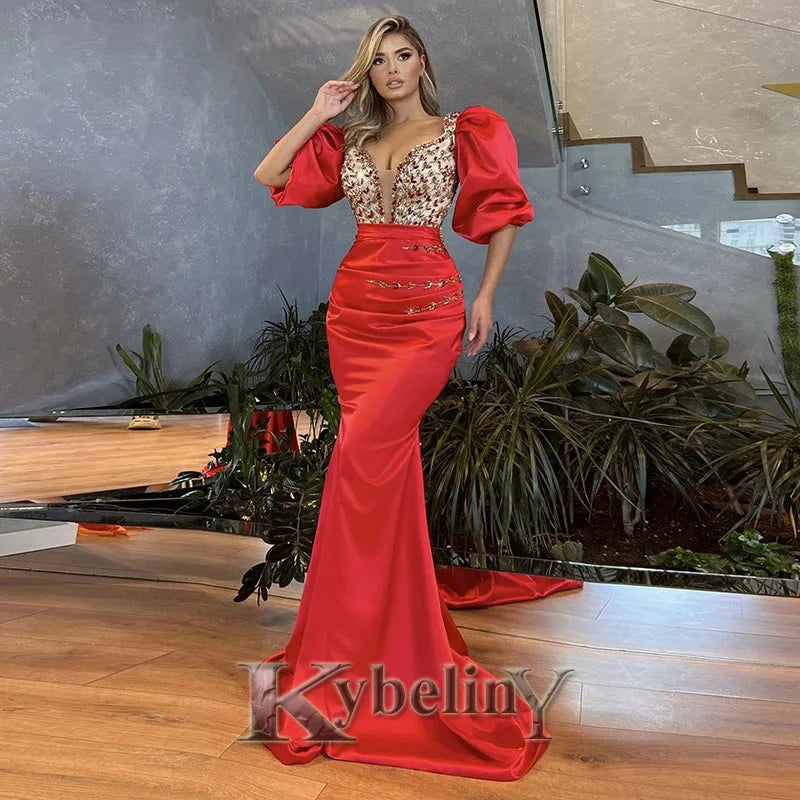 Kybeliny Fashionable Graduation Dresses for Woman High Neck Beadings Appliquse Trumpet Floor Length Pleat De Gala Customized