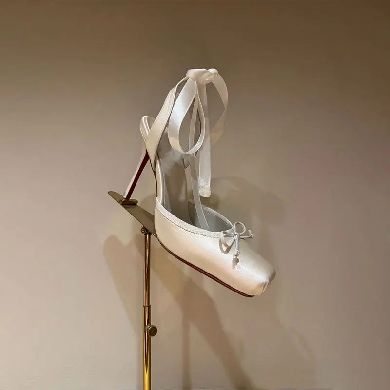 New 2026 Summer Women's Nude Satin Lace-Up Bow Heel Closed Square Toe Sandals Ballet Shoes Luxury Dress Slingback Ladies Pumps