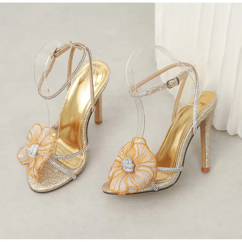 2025 Summer New brand Luxury Rhinestones Flowers Women Sandals Fashion Sequined Ankle Strap Stiletto High heels Female Shoes