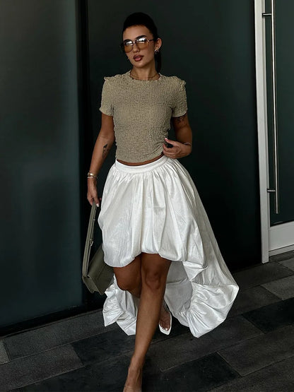 Bornladies Cotton Women's 2026 Spring Summer New Midi Skirt Street Fashion Irregular Ruched Bud Design Half Skirt