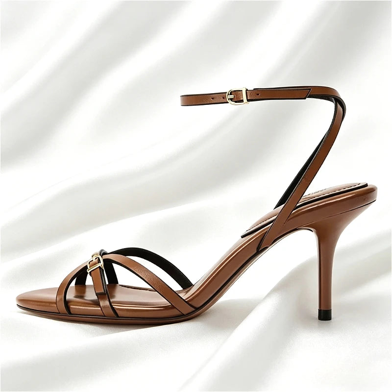 Luxury Brown Ankle Strap Women's Sandals Novelty Gold Buckle Detail Gladiator Sandals for Ladies 2026 Summer Elegant Women Shoes