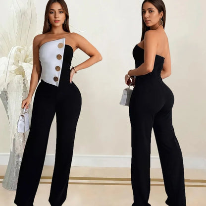 Sexy Backless Strapless Jumpsuit Summer Women Fashion Solid Button Sleeveless Slim Fit Wrap Hip Jumpsuits Elegant Office Romper