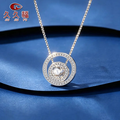 PT950 Platinum Double Ring Round Sparkling Inlaid Choker Necklace for Women,1Carat Moissanite Stylish Accessory for Daily