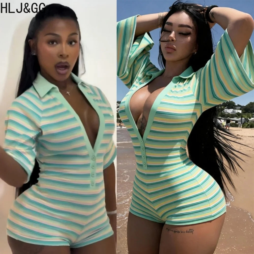 HLJ&GG Green Sexy Deep V Stripe Ribber Bodycon One Piece Rompers Women Short Sleeve Slim Jumpsuits Fashion Party Club Overalls