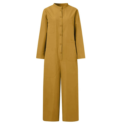 Women Jumpsuit 2024 Female Oversized Romper Autumn Loose Pockets Overalls Casual Solid Stand Collar Bottom
