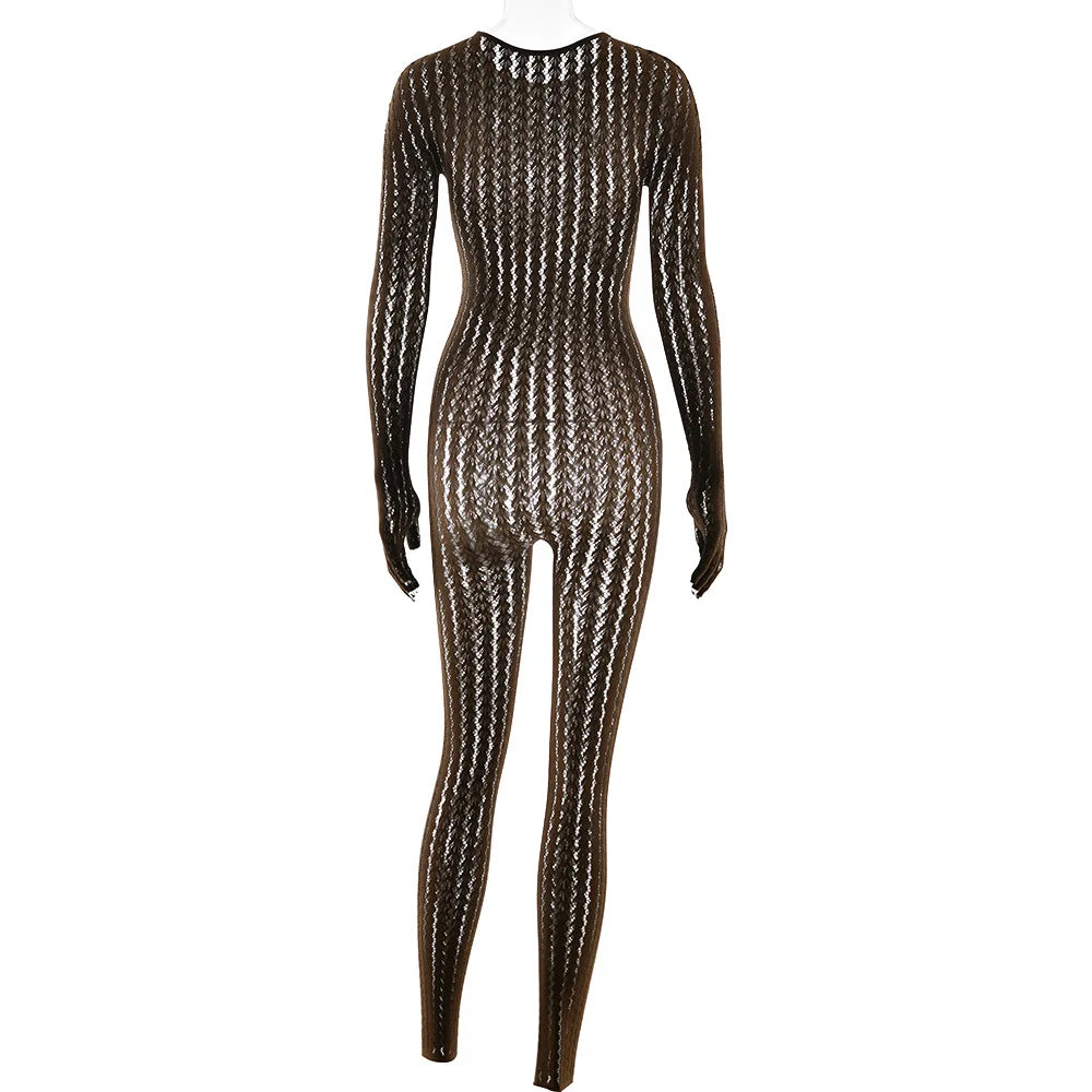 HLJ&GG Sexy Mesh Stretchy See Though Bodycon Jumpsuits Women Round Neck Long Sleeve Slim Playsuits Fashion Print Overalls 2025