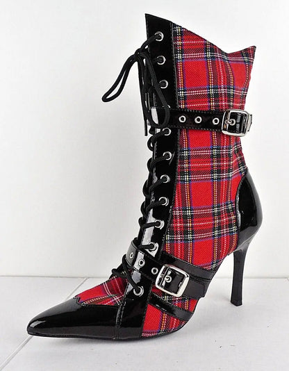 Mixed Colors Red Pointed Toe Belt Buckle Mid-Calf Lace Up Women Boots Stiletto High Heels Side Zipper Design Large Size Shoes