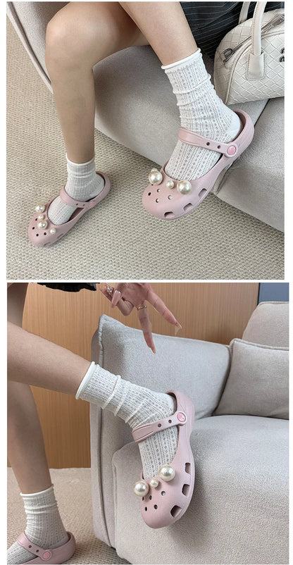 Clogs Summer Slippers Women Luxury Pearl Metal Flower Mary Janes Designer Ballet Shoes Girls Corc Charms Sandals Indoor Outdoor