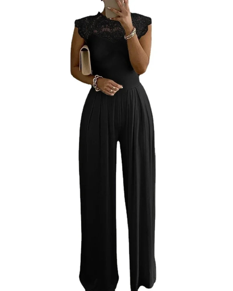 Jumpsuits Women Lace One Piece Wide Leg Pants Folds Round Collar Sleeveless Office Lady Summer 2025 Floor Length Trousers
