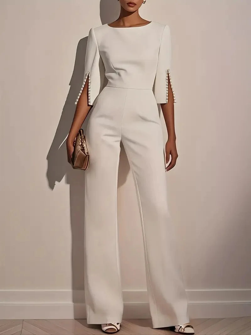 Women Round Neck Pearl Sleeve Wide Leg Jumpsuit Elegant Office Lady Fashion Spring Autumn