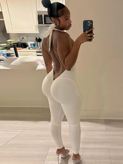 Kliou Sexy Backless Jumpsuits Woman Bandage Halter Turtleneck Sleeveless Skinny Peach Hip Hot Girls High Street Fashion Overalls
