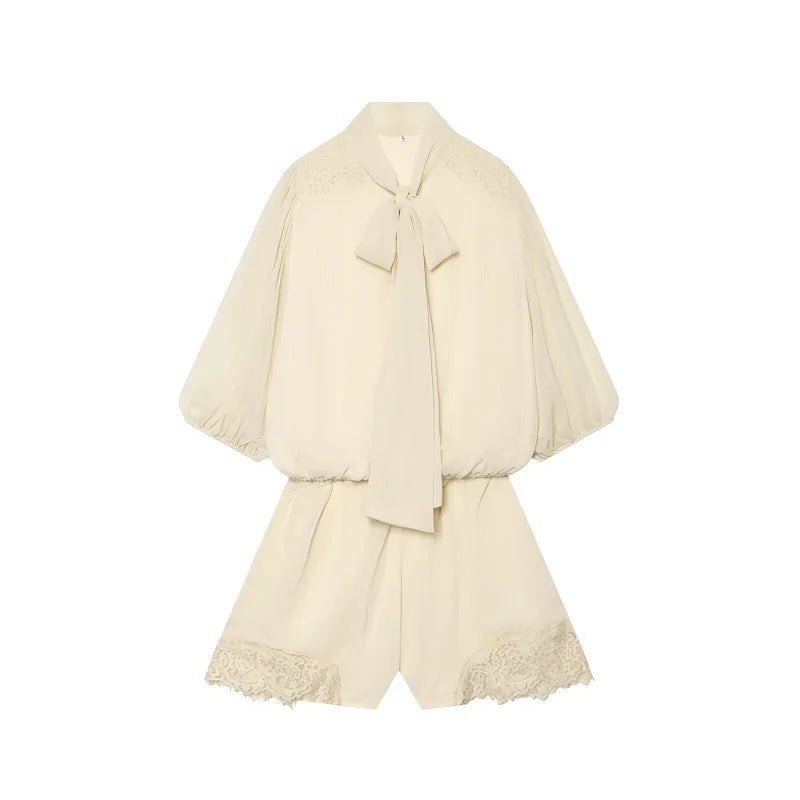 HXAO Ties Bow Lace Bodysuit Cream Short Jumpsuit Women Vacation Summer Playsuit Short Sleeve Mini Rompers Casual Combishort