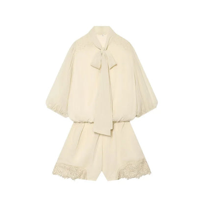 HXAO Ties Bow Lace Bodysuit Cream Short Jumpsuit Women Vacation Summer Playsuit Short Sleeve Mini Rompers Casual Combishort