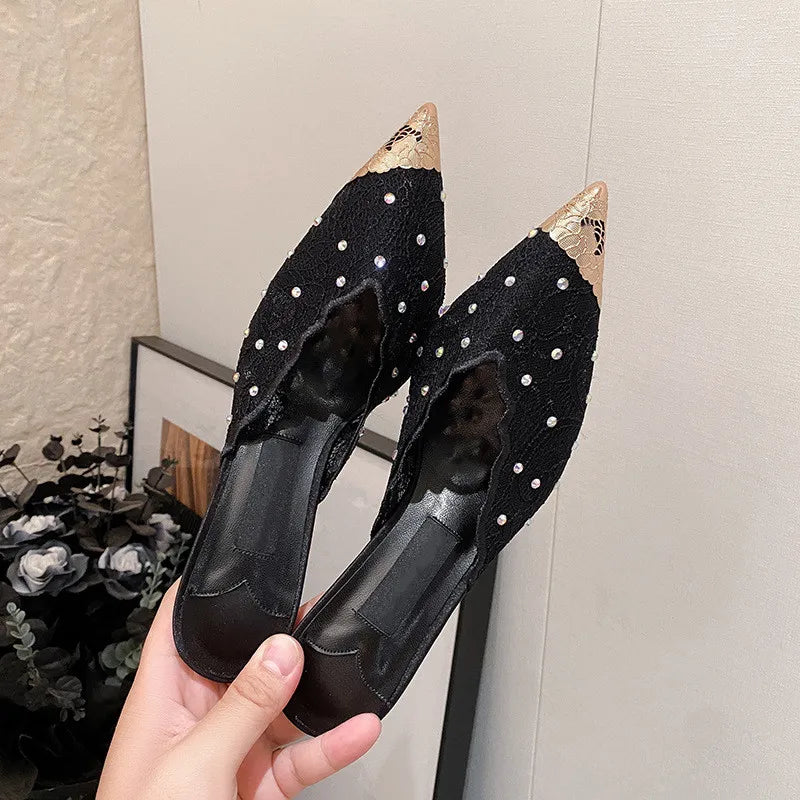 Luxury Rhinestones Mesh Lace Women Pumps Sandals Summer Elegant Pointed Toe 8cm Thin High Heels Mulse Sides  Fashion Party Shoes