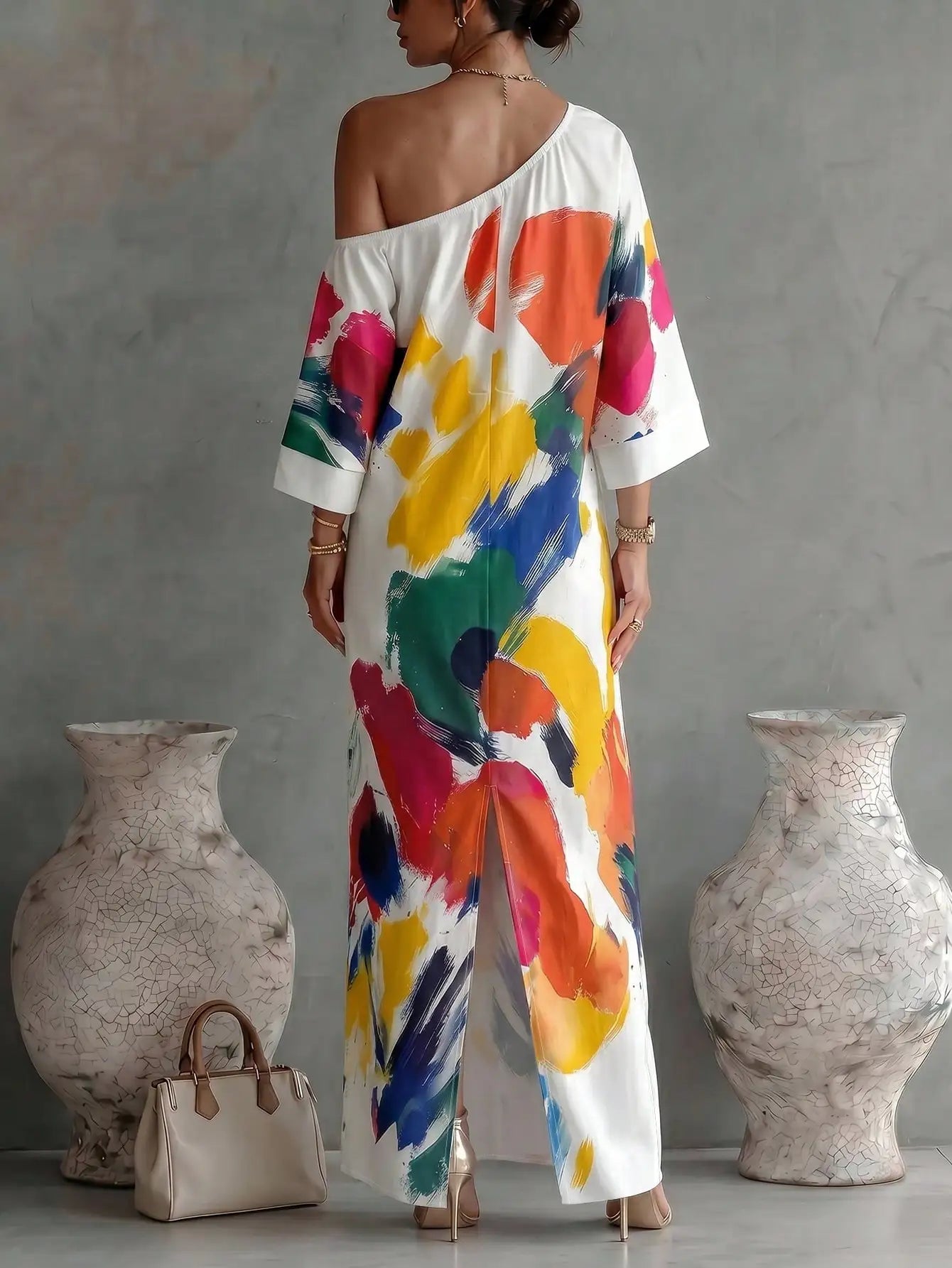Balvessa Women's Designer Fashion Graffiti Print One Shoulder Fitted Elegant Dress Vacation White Summer