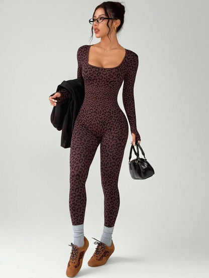 Women Leopard Print Tight Jumpsuit Slimming Hip Hugging Long Sleeve U Collar Stretchy