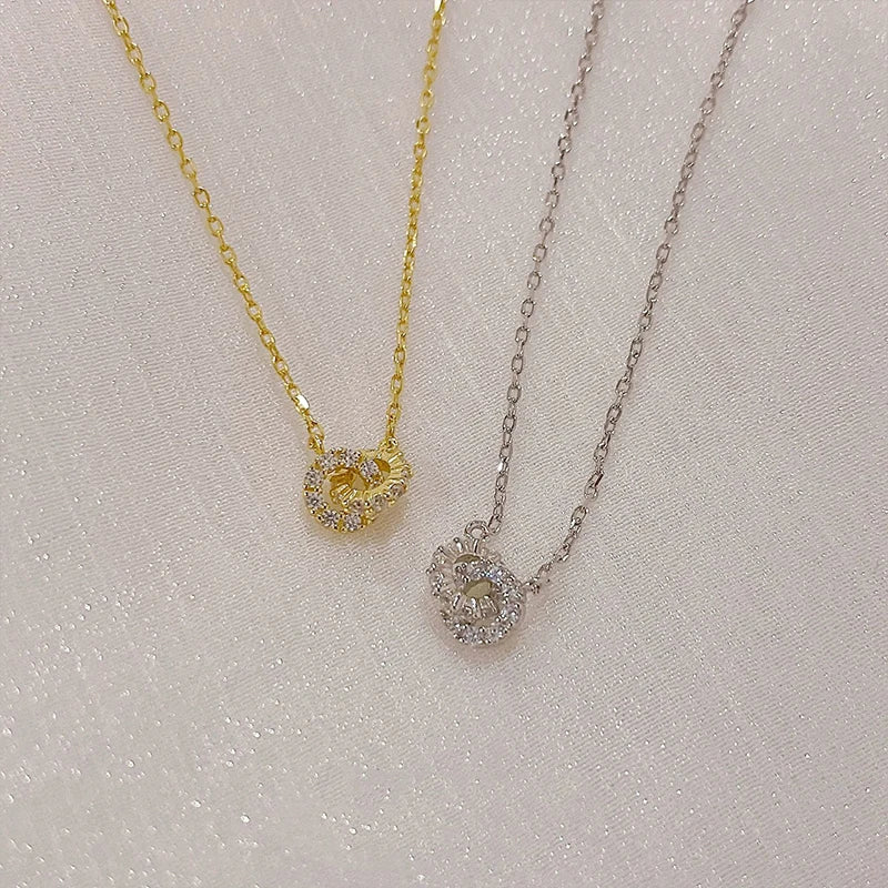 925 Sterling Silver Interlocking Diamond Necklace Light Luxury Double Ring Zircon Pendant Collarbone Chain Simple Jewelry