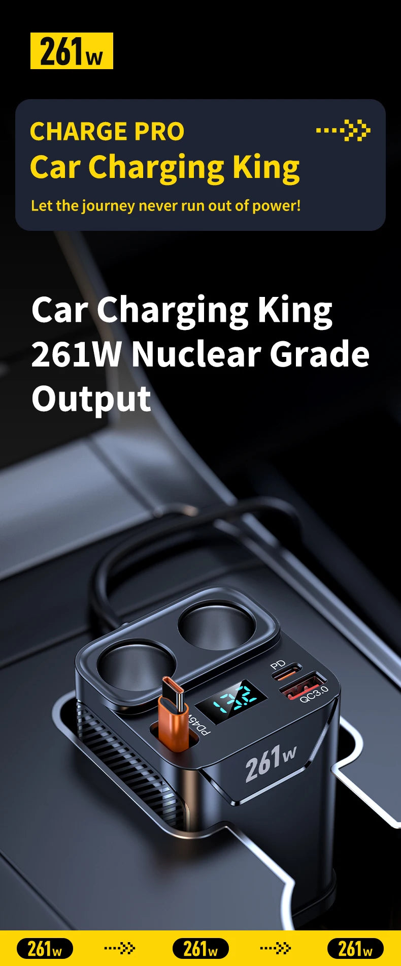 7 in 1 Cigarette Lighter Adapter Cup Holder 261W Car Charger Adapter with PD45W Charge 24V/12V Cigarette Lighter LED Voltmeter