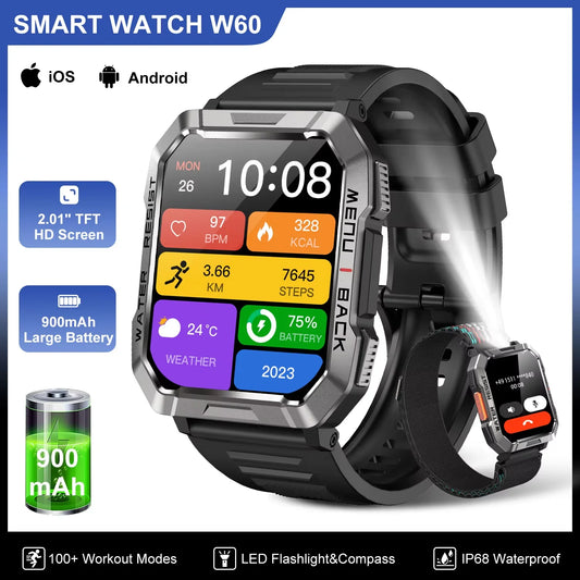 Blackview W60 Waterproof Smart Watch 2.01 inch HD Display 900mAh Large Battery Smartwatch Emergency Lighting Woman Man Watches