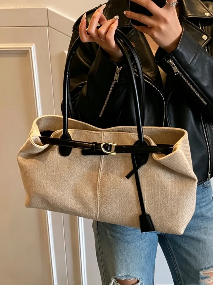 CLAREGQI  Women's Large Capacity Canvas Tote Bag, Leather Handle Shoulder Underarm Bag, Versatile Casual Commuter & Travel Handb