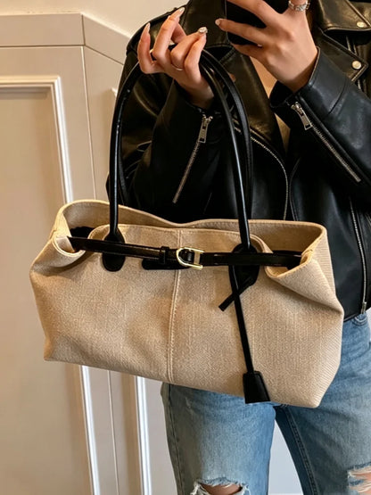 CLAREGQI  Women's Large Capacity Canvas Tote Bag, Leather Handle Shoulder Underarm Bag, Versatile Casual Commuter & Travel Handb