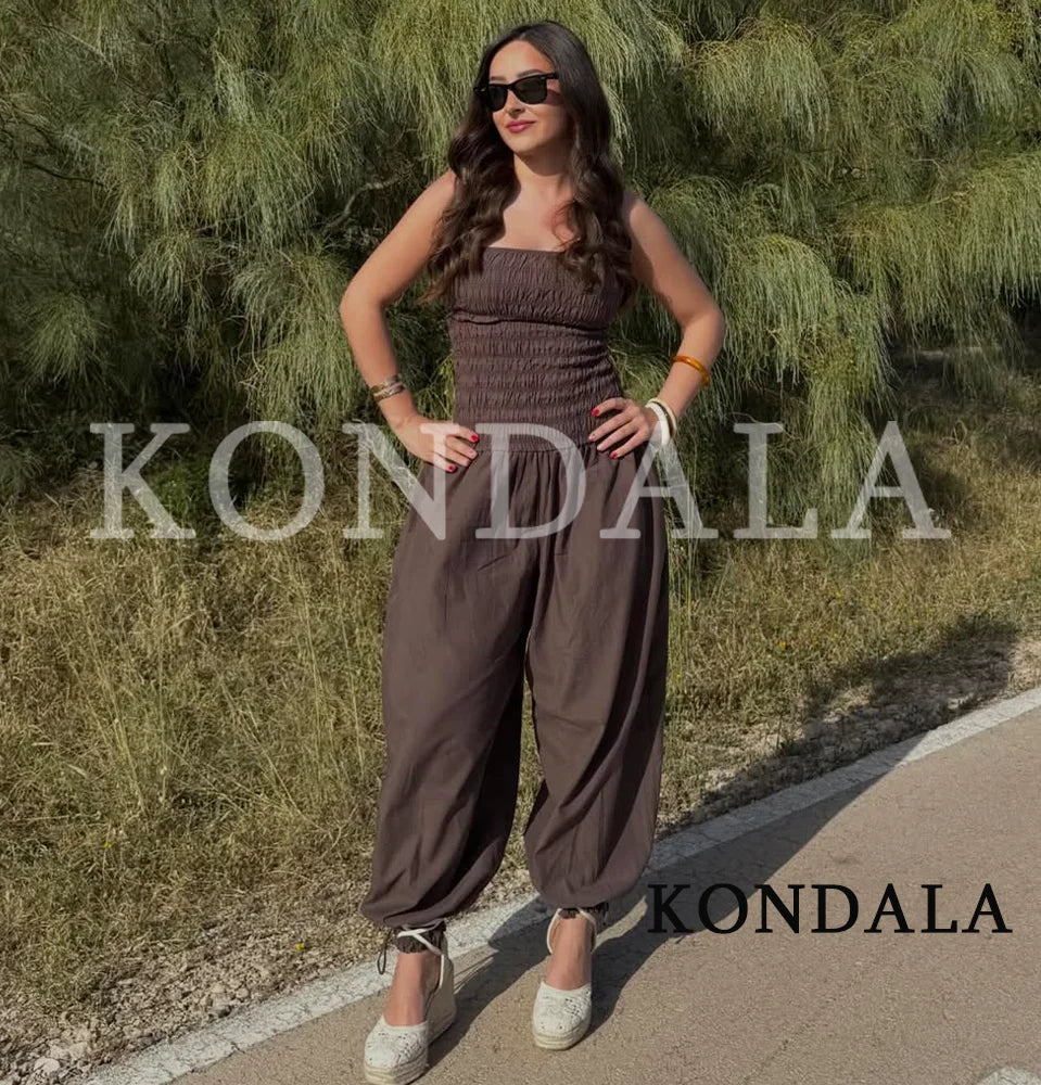 KONDALA Women High Street Trendy Jumpsuit Strapless Pockets Pleated Jumpsuits New Fashion 2026 Spring Summer Holiday Jumpsuit