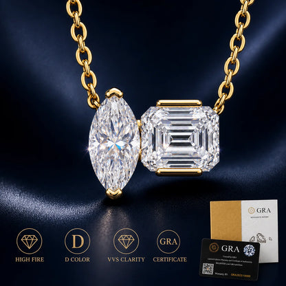 Moissanite Toi et Moi Necklace for Women S925 Sterling Silver 18K Yellow Gold Plated Marquise Emerald Cut Two Stone D Color VVS1