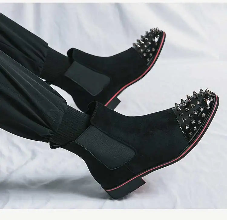 New Brown Men Chelsea Boots Flock Rivet Square Toe Red Sole Punk Handmade Men Short Boots  Bottes Pour Hommes