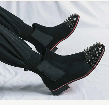 New Brown Men Chelsea Boots Flock Rivet Square Toe Red Sole Punk Handmade Men Short Boots  Bottes Pour Hommes