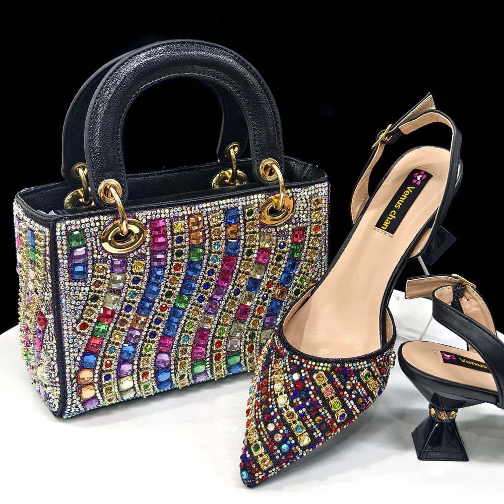 2025 Shiny Italian Fashion Pointed Toe Women Heel Fashion Rhinestone Decoration Fuchsia Color Shoes And Bag Set