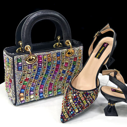 2025 Shiny Italian Fashion Pointed Toe Women Heel Fashion Rhinestone Decoration Fuchsia Color Shoes And Bag Set