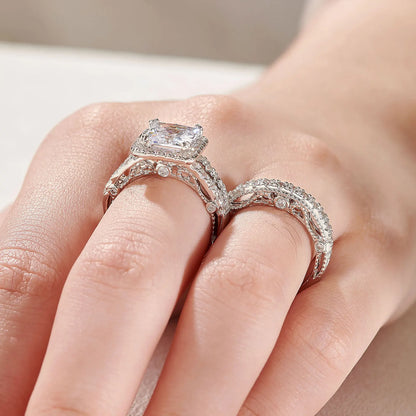Newshe 2Pcs Solid 925 Sterling Silver Wedding Rings for Women Bridal Set 8*8mm 3CT Princess Cut 5A Cubic Zircon Fine Jewelry