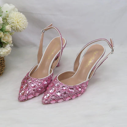 Fashion Sling-back Pink Bling Pointed Toe Wedding Shoes and bag Woman High Pumps Thin Heel Party Shoes Slingbacks Shoe Bag Set