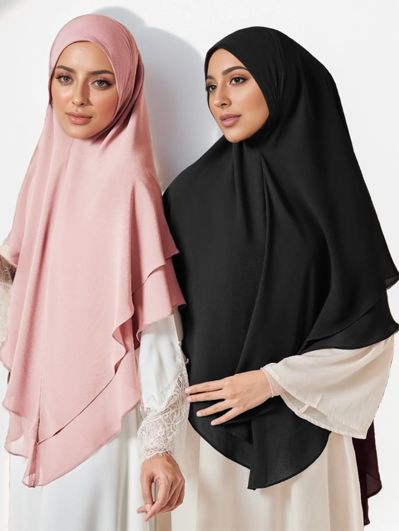 1pc Double Layered Chiffon Ready to Wear Instant Hijabs Solid Headscarf Foulard Femme Musulman Shawl Wrap Bandana