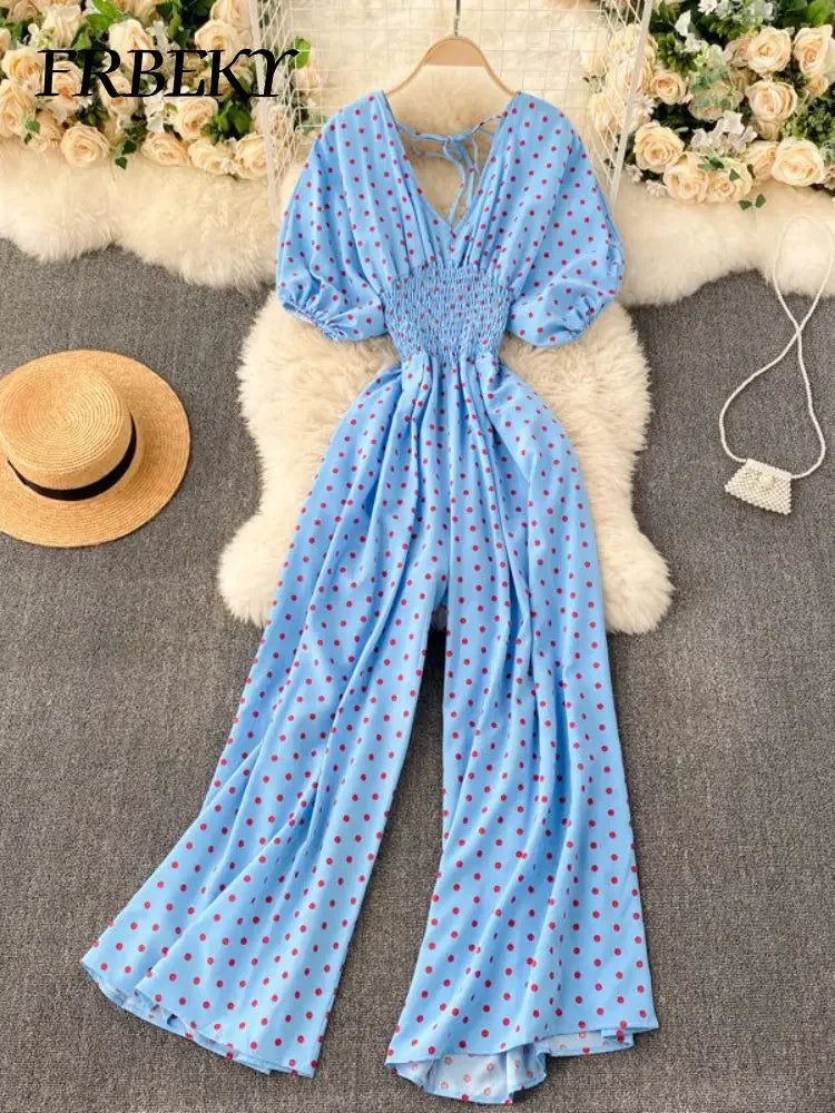 Jumpsuit Women Summer New Temperament Polka Dot V-neck High Waist Casual Wide Leg Jumpsuit Elegant Party One Piece Jumpsuits